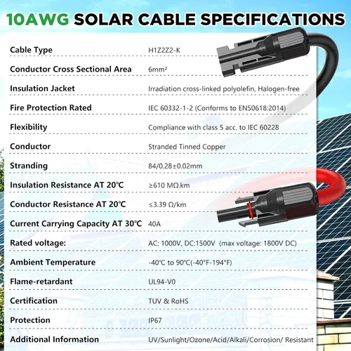 Vista 8 de Oududianzi Cable de extensión solar de 20 pies, cable solar de 12 AWG, cable fotovoltaico de cobre estañado, cables de panel solar y conectores