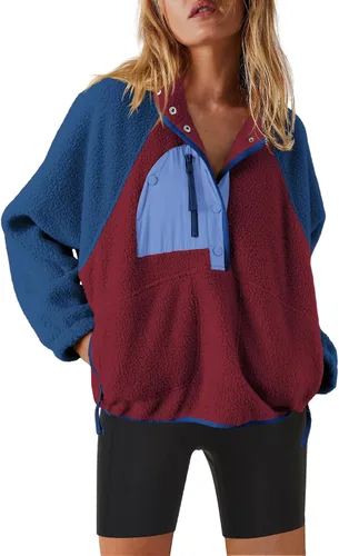 Vista 40 de Nirovien - Chaqueta de forro polar con capucha para mujer, manga larga, sherpa, sudadera mullida, abrigada, con botones y bolsillos Un rosa