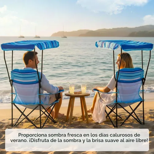 Vista 7 de Paquete de 2 sillas de playa con toldo, sillas plegables de camping con toldo, silla de césped portátil resistente a la intemperie con soporte