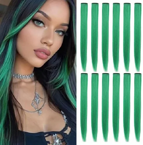 Vista 13 de 12 extensiones de cabello de colores rectas de 20 pulgadas, extensiones de cabello sintético con clip, color arcoíris, con reflejos, para fiesta
