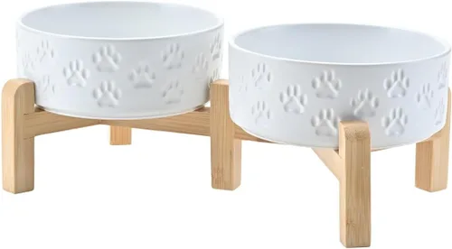 Vista 57 de SPUNKYJUNKY Cuencos elevados de cerámica para perros, 5.1 pulgadas, para comida de perros y gatos, cuencos elevados con soporte de bambú Verde oscuro