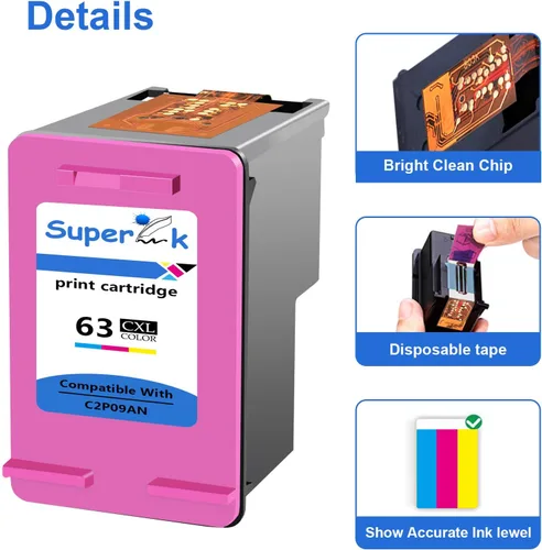 Vista 5 de SuperInk Cartucho de tinta remanufacturado compatible con HP F6U64A F6U63A 63 63XL 63 XL (tricolor negro, paquete de 2)