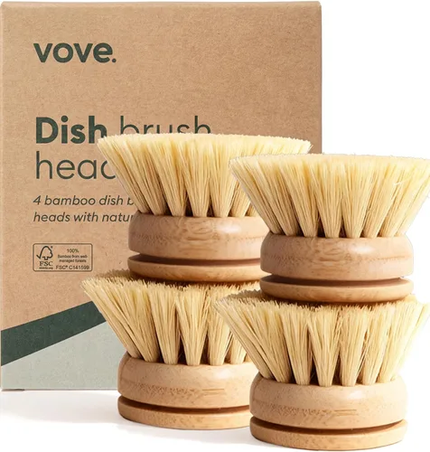Vista 10 de Vove Cepillo de bambú para platos con 3 cabezales de repuesto, cepillo de cocina sin plástico para ollas, sartenes y platos, mango de bambú