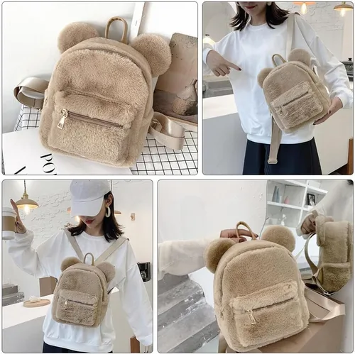 Vista 6 de Sosoport Linda mochila de oso mullido con orejas de oso, mochila kawaii suave y esponjosa, casual, mini bolsa de hombro para niñas, Marrón