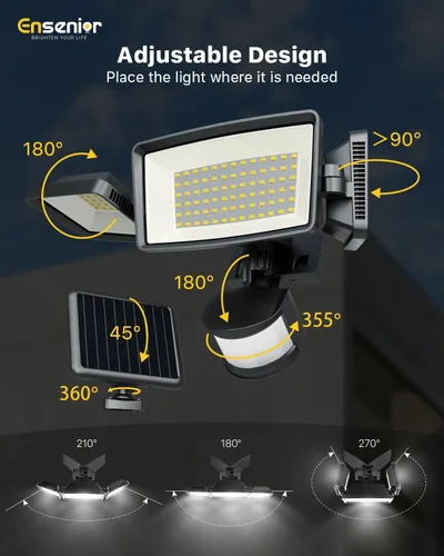 Vista 8 de Ensenior - Luz de seguridad solar con 5 modos de sensor de movimiento, 1800 lm, 270° de ángulo amplio, 3 cabezales de luces LED de inundación