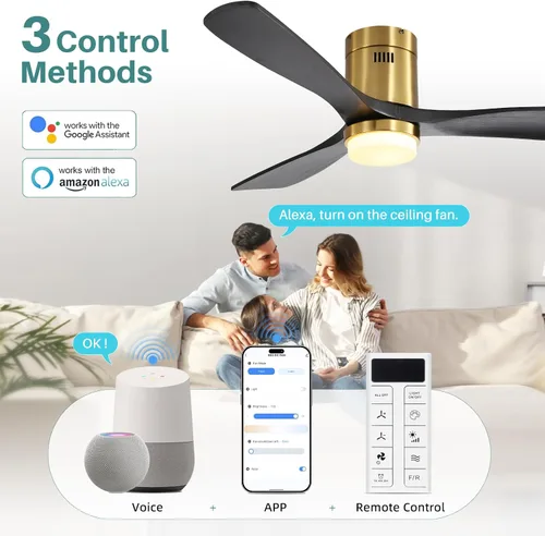 Vista 3 de Sofucor Ventiladores de techo inteligentes de 52 pulgadas con luces - montaje al ras de perfil bajo, modernos ventiladores de techo de madera maciza
