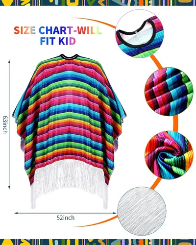 Vista 2 de Juego de 12 piezas de poncho y sombrero mexicanos del Cinco de Mayo para adultos, poncho de serape para fiesta mexicana con sombrero de paja