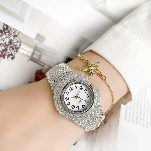 Vista 2 de Weicam Reloj de pulsera de cuarzo analógico con esfera redonda y elegante brazalete de cristal para mujer