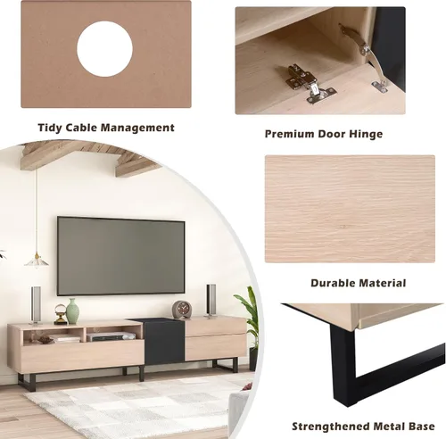 Vista 6 de Polibi Soporte de TV para TV de 80 pulgadas con puerta abatible, mesa consola multimedia moderna, centro de entretenimiento con doble espacio