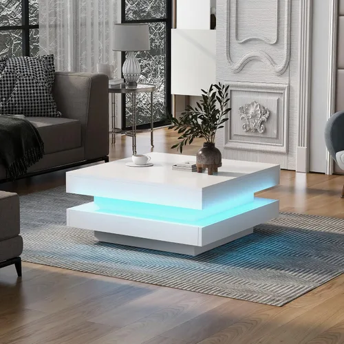 Vista 3 de Mesa de centro cuadrada, moderna mesa de centro blanca de alto brillo con luces LED de 16 colores enchufables, mesa central de 2 niveles para sala