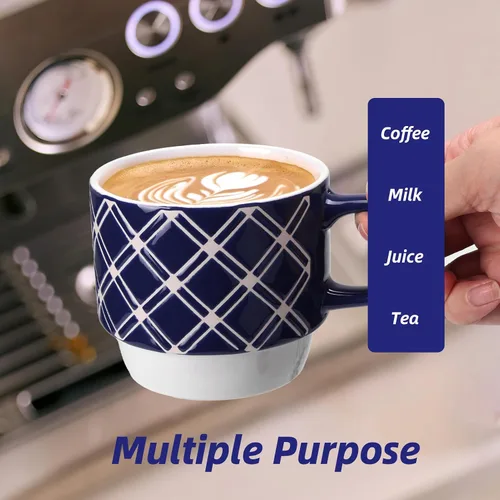 Vista 5 de Schliersee Juego de 6 tazas de café de cerámica apilables de 12 oz, taza pequeña con patrón geométrico floral, taza de café de porcelana azul
