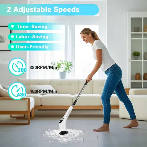 Vista 5 de Limpiador eléctrico giratorio, cepillo de limpieza de ducha inalámbrico impermeable con cabezales de cepillo reemplazables y mango de extensión
