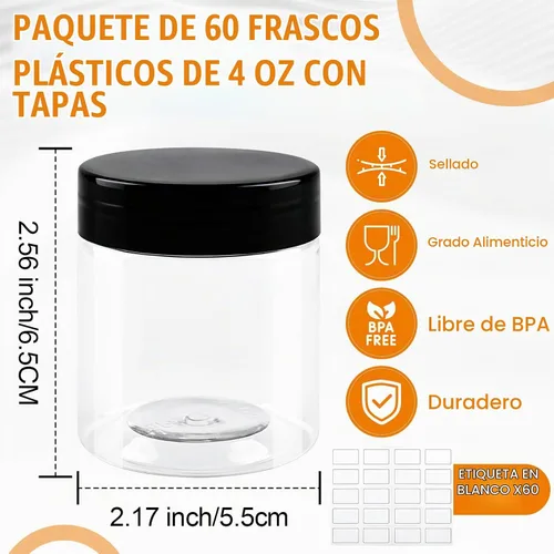 Vista 2 de 60 Pack 4 Oz Plastic Jars with Lids Labels, Cosmetic Jars, Slime Containers