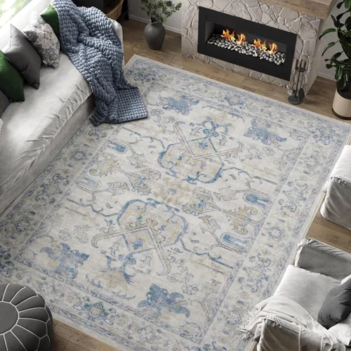 Vista 113 de jinchan Lima - Alfombra simétrica floral geométrica lavable, alfombra de entrada de medio círculo de 2 x 3, alfombra de media luna, suave y Azul