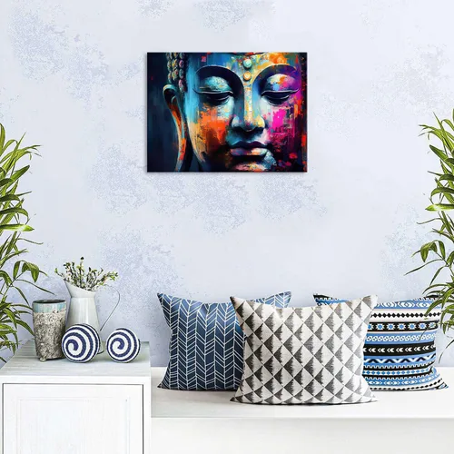 Vista 2 de Arte de pared abstracto de Buda para sala de estar, textura de mármol colorida, lienzo de Buda, decoración Zen de pared en rosa y azul, obras