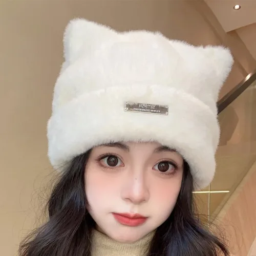 Vista 5 de Gorros de ganchillo con diseño de gato para mujer, lindos gorros de orejas de oso para mujer, gorros de invierno holgados con calavera Y2K