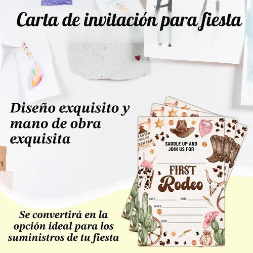 Vista 5 de Invitaciones de fiesta de cumpleaños de vaquero para niños y niñas, tarjetas de invitación My First Rodeo, 20 tarjetas de invitación retro