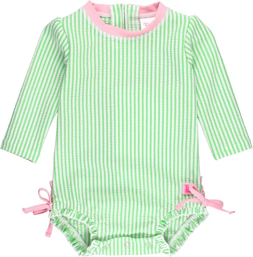 Vista 13 de RuffleButts - Traje de baño de una pieza con mangas largas, de seersucker, con protección solar UPF 50+ para bebé/niñas Seersucker de plátano