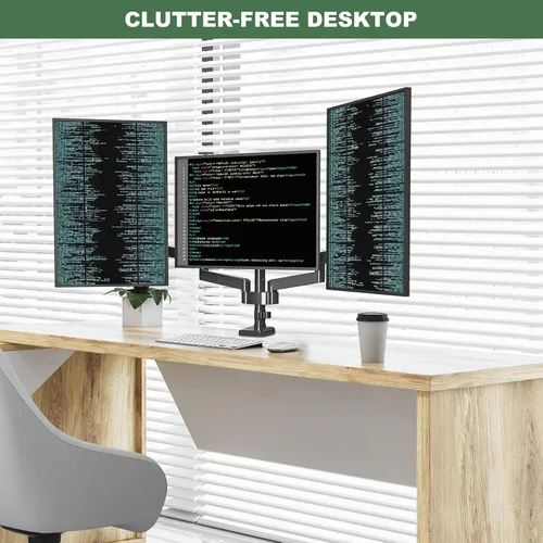 Vista 2 de UPGRAVITY Soporte de escritorio para monitor triple para tres pantallas de computadora planas/curvas de hasta 27 pulgadas, brazos de triple monitor