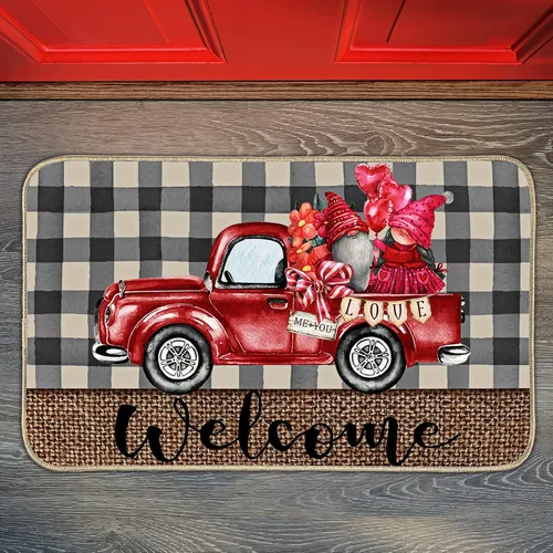 Vista 4 de Tatuo Tapete decorativo para el día de San Valentín, tapete decorativo a cuadros rojos para camión, gnomo, tapete de bienvenida, antideslizante