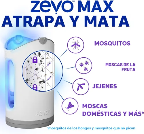 Vista 5 de Zevo MAX - Atrapa insectos y trampa para moscas para interiores, trampa de insectos voladores para mosquitos, moscas domésticas y de la fruta, uso