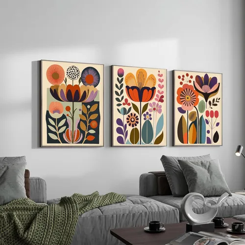 Vista 4 de Juego de 3 pósteres florales retro, imágenes de flores coloridas, póster moderno y colorido de arte de pared botánico bohemio de mediados de siglo