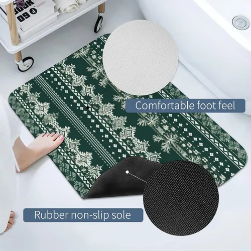 Vista 4 de Bath Mat Rug Rustic Green Fair Isle Holiday Print Thin Diatomaceous Earth Bath Mat Forest Green Knit Super Absorbent Ultra Thin Bathroom Rugs Fit