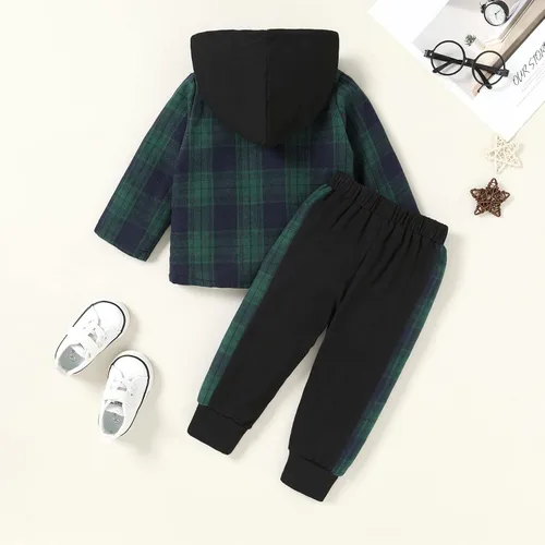 Vista 16 de YOUNGER TREE Conjunto de sudadera con capucha para niños pequeños, conjunto de camisa de franela a cuadros para otoño, invierno y primavera