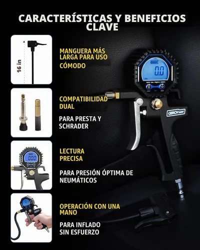 Vista 4 de Adaptador de válvula Presta con manómetro e inflador para compresor de aire Black