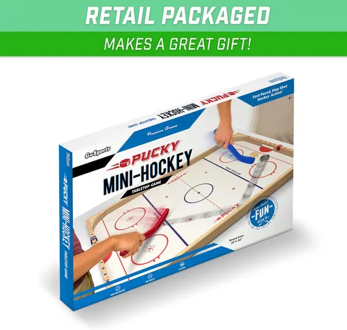 Vista 6 de GoSports Hockey Ice Pucky - Juego de hockey de mesa de madera para niños y adultos - Incluye 1 tablero de juego, 2 palos de hockey y 3 discos