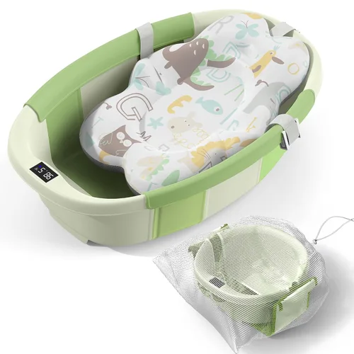 Vista 14 de Bañera Plegable para Bebé - Bañera Grande para Bebé con Termómetro y Cojín Bañera Portátil de Viaje para Recién Nacidos e Infantes Bañera Azul