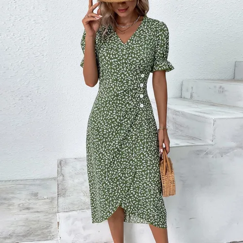 Vista 2 de Vestidos de playa para mujer, 2024, primavera, verano, moderno, elegante, envolvente, cuello en V, floral, bohemio, vestido largo hawaiano fruncido