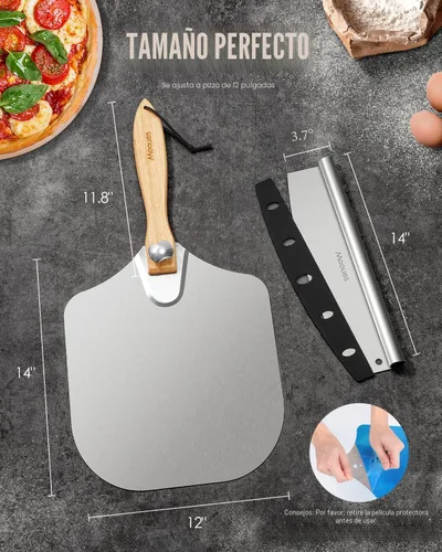 Vista 7 de Pala de Pizza de Aluminio Espátula de Pizza, Mooues Pala de Pizza de Metal de 12 pulgadas (12"x 14") con Cortador Basculante Mango de Madera