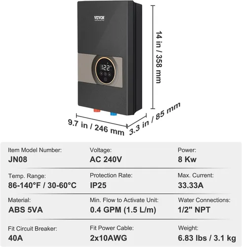 Vista 7 de VEVOR Calentador de Agua Eléctrico Sin Depósito, Calentador de Agua Caliente Instantáneo de 8KW, Pantalla Digital de Temperatura y Fácil Instalación