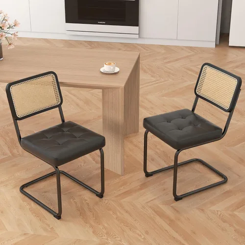 Vista 3 de KCC Juego de 2 sillas de comedor modernas de mediados de siglo, ratán de piel sintética, sillas auxiliares de comedor de cocina con patas de metal