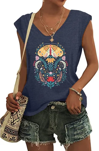 Vista 7 de Anbech Camisetas de manga casquillo para mujer, con cuello en V, estampado sólido, camisetas casuales