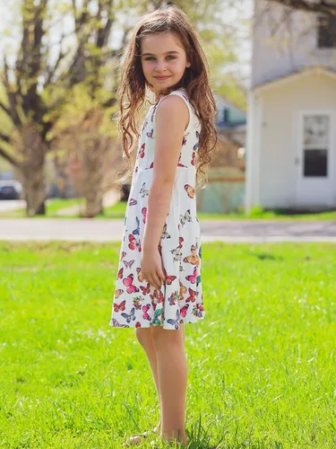 Vista 4 de Vestidos de verano para niñas, sin mangas, con bolsillo, vestido de sirena de mariposa, vestido casual de verano para niñas de 3 a 12 años