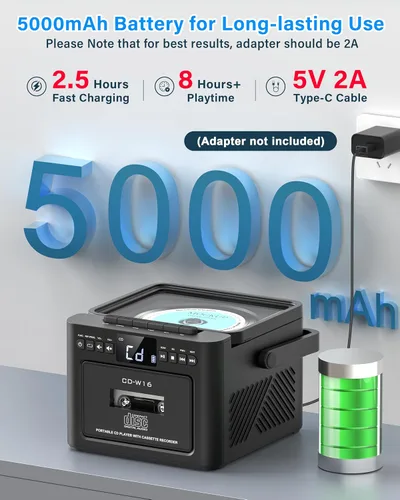 Vista 3 de Greadio Boombox - Combo de reproductor de CD y cassette, reproductor de CD recargable de 5000 mAh con Bluetooth de recepción/transmisión/radio