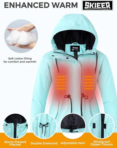 Vista 5 de Skieer Chaqueta de esquí impermeable con capucha para mujer, chaqueta de invierno cálida para la nieve
