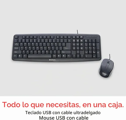Vista 2 de Verbatim Slimline - Combo de teclado y mouse con cable, teclado numérico USB Plug-and-Play, patas de inclinación ajustables, mouse con cable óptico
