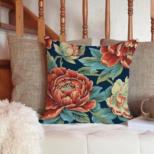 Vista 6 de ArogGeld Chinoiserie - Funda de cojín para sofá, diseño floral de peonía, color verde azulado, verde y rojo, diseño de peonía, diseño escénico