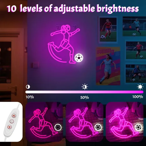 Vista 3 de Letrero de neón de fútbol de OkiyiD para niñas - Decoración de pared deportiva regulable con alimentación USB, regalos únicos para mujeres y niñas