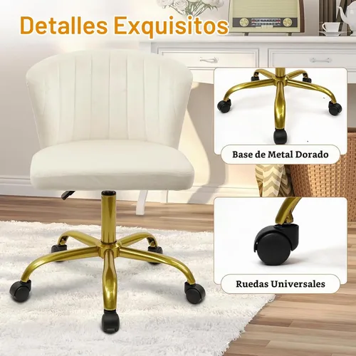 Vista 8 de CLATINA Silla de escritorio de terciopelo para el hogar con ruedas de base dorada, altura ajustable, tapizada, cómoda, ergonómica, sin brazos