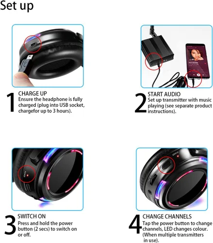 Vista 7 de Auriculares inalámbricos LED silenciosos profesionales de disco silencioso y RF LED silenciosos para iPod MP3 DJ Music Pary Club