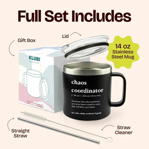 Vista 3 de Chaos Coordinator - Vaso negro de 14 onzas para hombre, diseño de agradecimiento, corporativo, día del jefe, regalos de oficina para hombres, tazas
