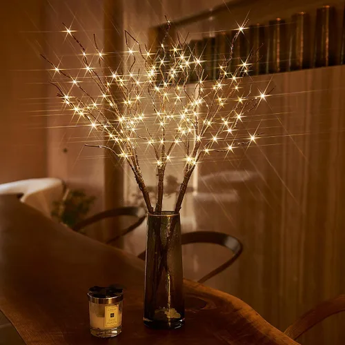 Vista 4 de Birchlitland - Ramas iluminadas para jarrón de 32 pulgadas de alto, 150 luces LED, enchufe, ramas artificiales de sauce marrón con temporizador