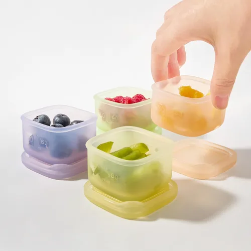 Vista 8 de Olababy Contenedores de Almacenamiento de Silicona Clear Sense 4 piezas para Alimentos de Bebé, Snacks, Fórmula, Puré, Salsa y Más Sin Micro
