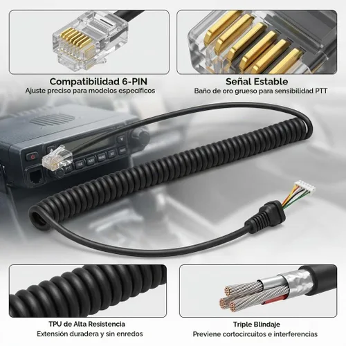 Vista 5 de Cable de micrófono de repuesto para Yaesu MH-48 MH-36 MH-42 Negro