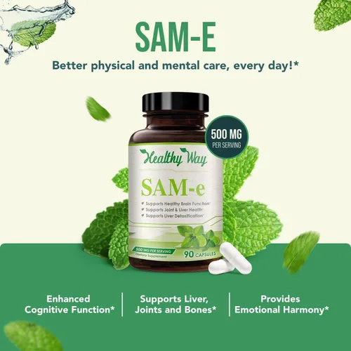 Vista 3 de Suplemento SAM-e de 500 mg – Cápsulas de S-adenosil-L-metionina de 500 mg de alta resistencia para el cerebro articular, el hígado y el estado