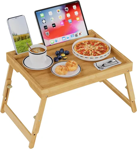 Vista 11 de Artmeer Bandeja de cama con patas plegables, bandeja de bambú para desayuno con ranura multimedia, uso como plato, escritorio para laptop